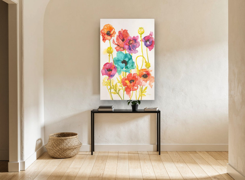 Rainbow Poppy Meadow floral canvas print on the wall of a hallway