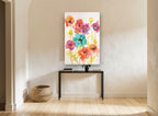 Rainbow Poppy Meadow floral canvas print on the wall of a hallway