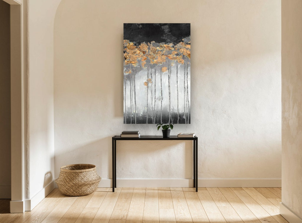Copper Canopy Drip floral canvas print on the wall of a hallway