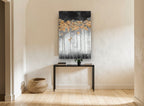 Copper Canopy Drip floral canvas print on the wall of a hallway