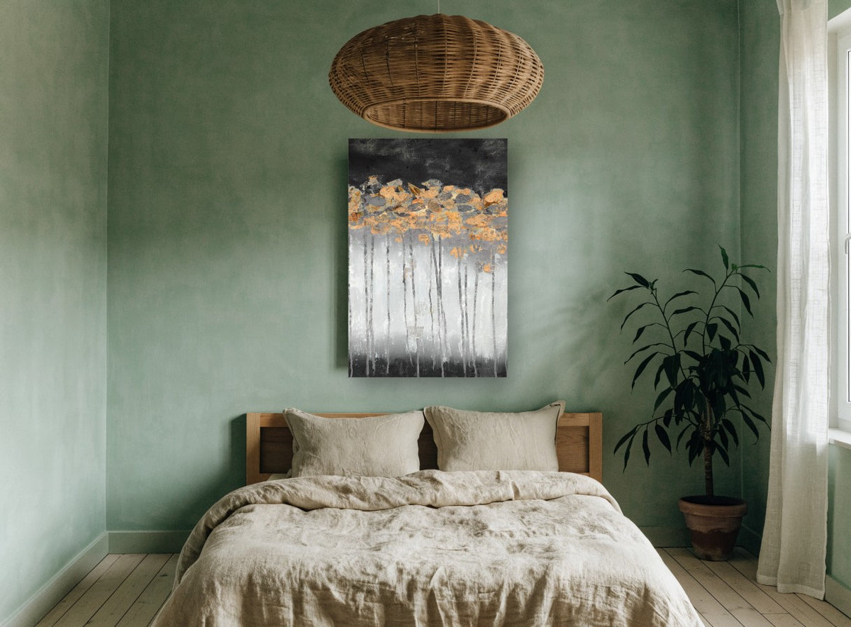 Copper Canopy Dusk floral canvas print on the wall of a bedroom