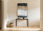Copper Canopy Dusk floral canvas print on the wall of a hallway