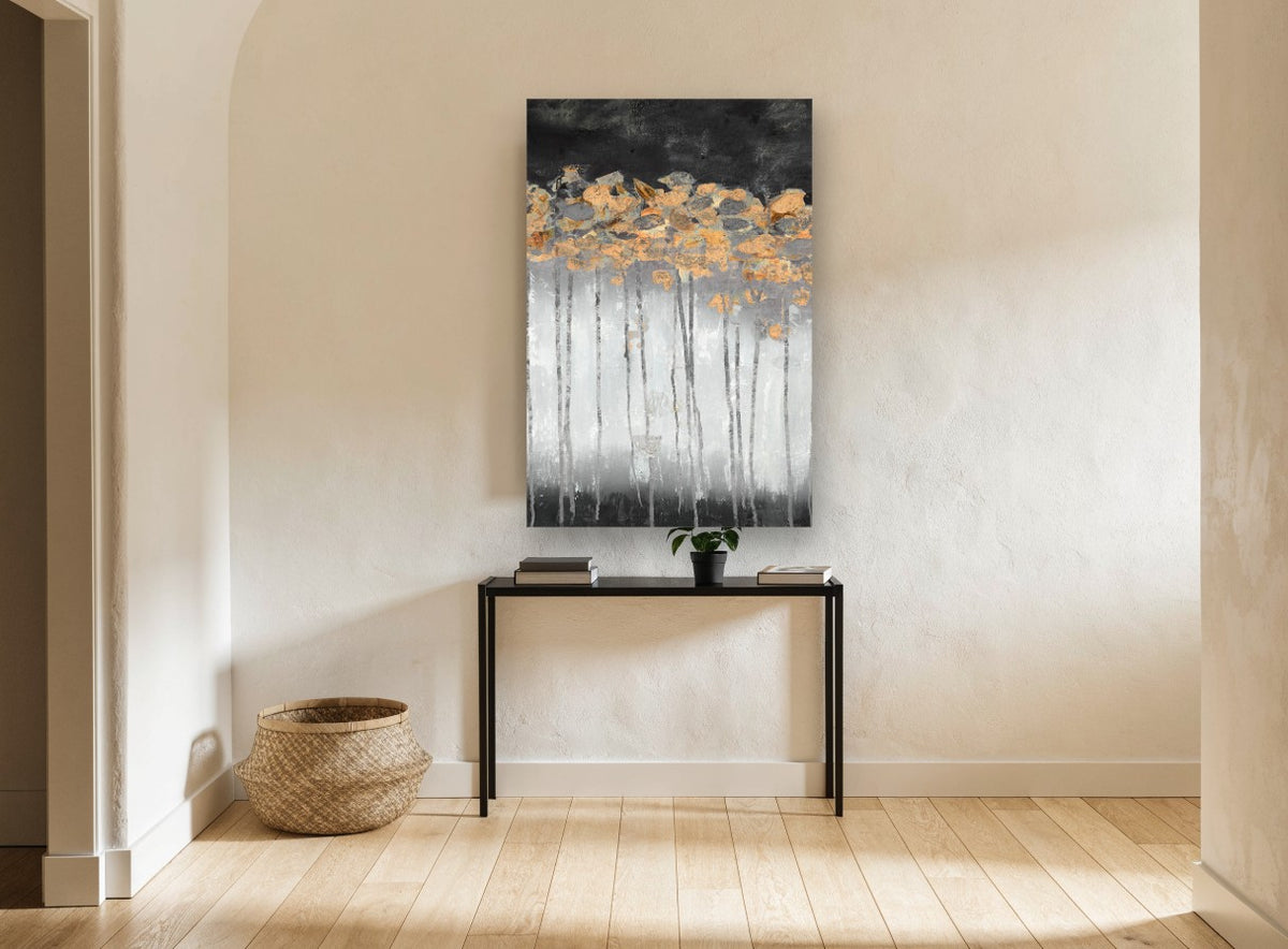 Copper Canopy Dusk floral canvas print on the wall of a hallway