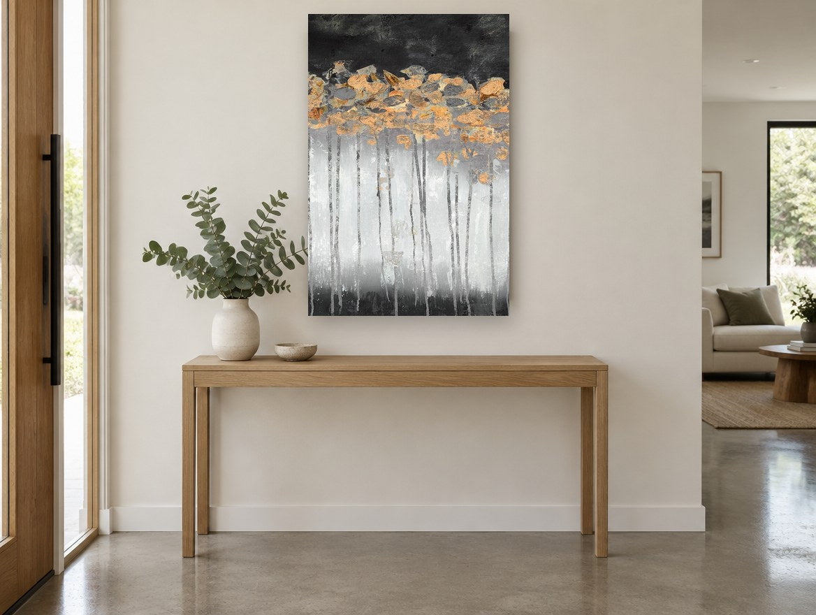 Copper Canopy Dusk floral canvas print on the wall of a entry hall