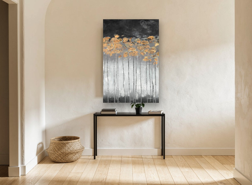 Copper Canopy Night floral canvas print on the wall of a hallway