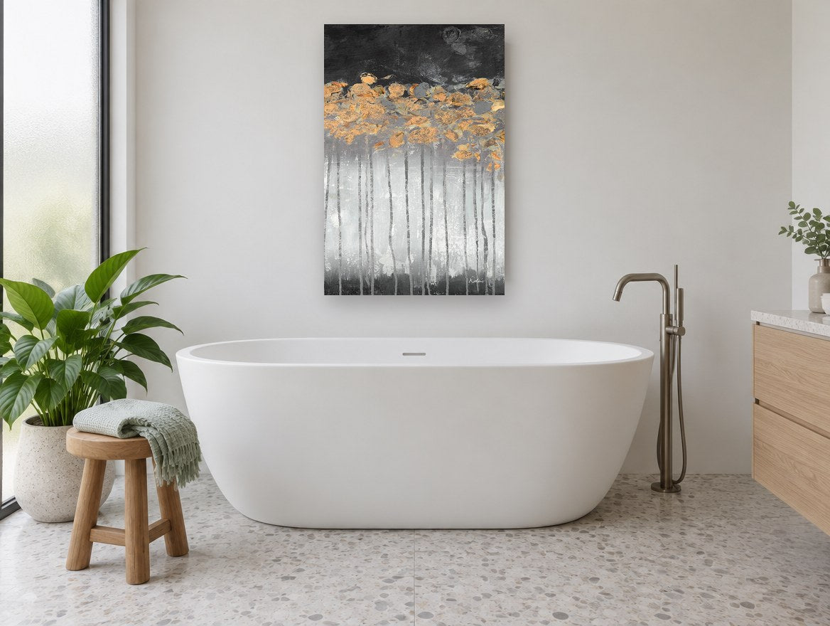 Copper Canopy Night floral canvas print on the wall of a bathroom
