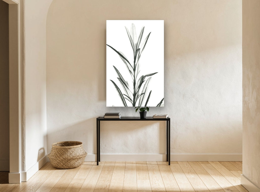 Translucent Leaf Stem floral canvas print on the wall of a hallway