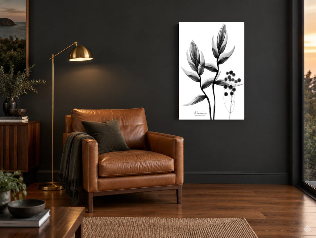 Heliconia X-Ray Study floral canvas print on the wall of a charcoal living room