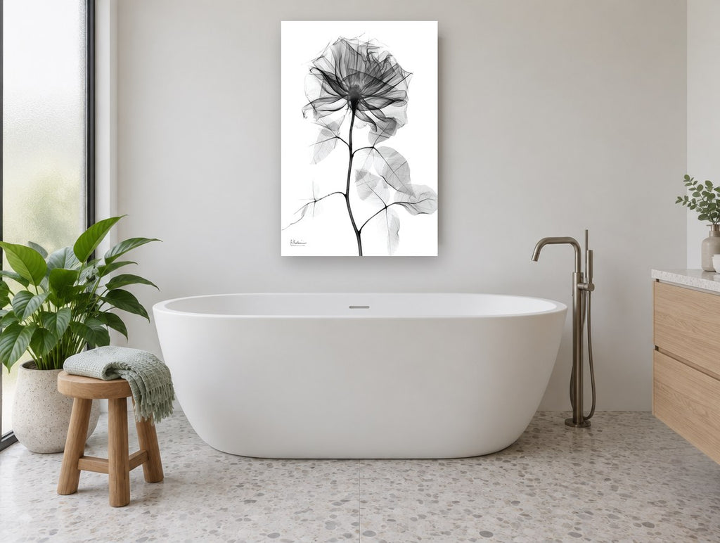 Translucent Rose Study floral canvas print on the wall of a bathroom