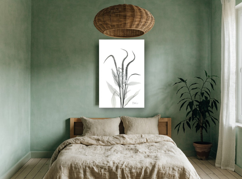 Arching Spires floral canvas print on the wall of a bedroom