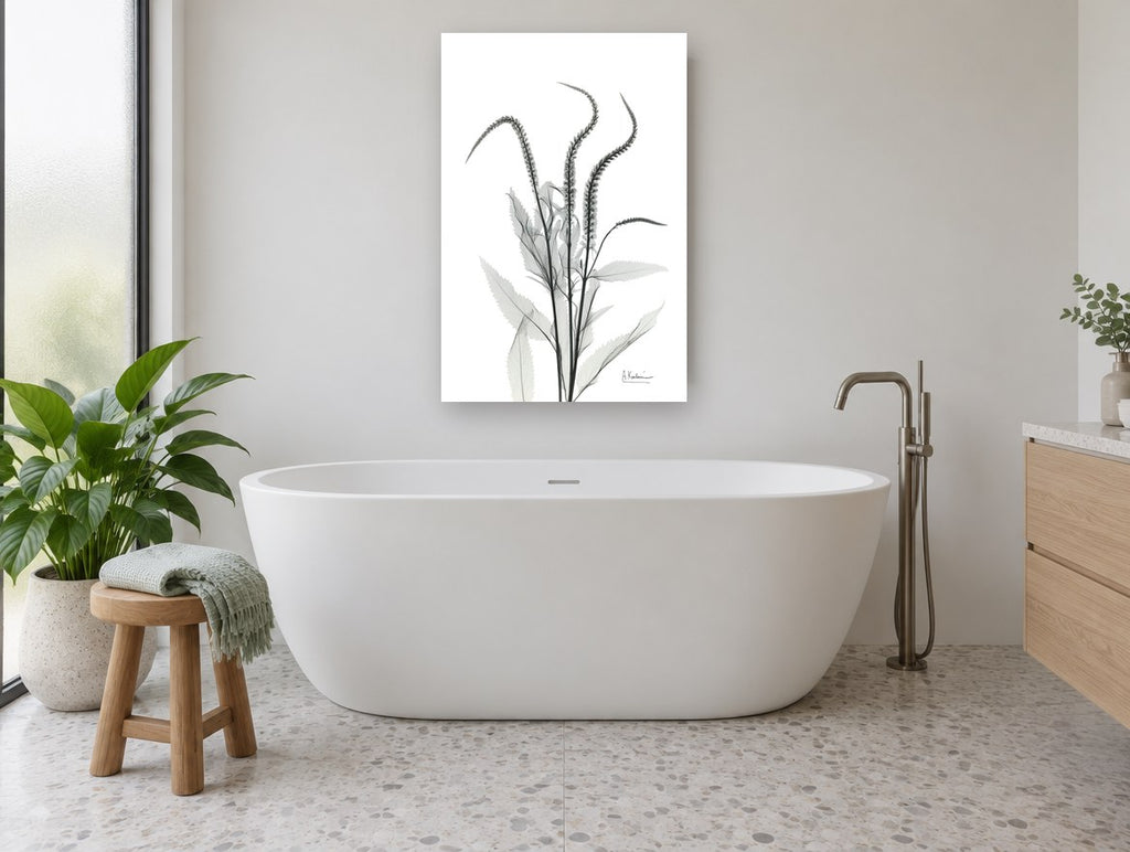 Arching Spires floral canvas print on the wall of a bathroom