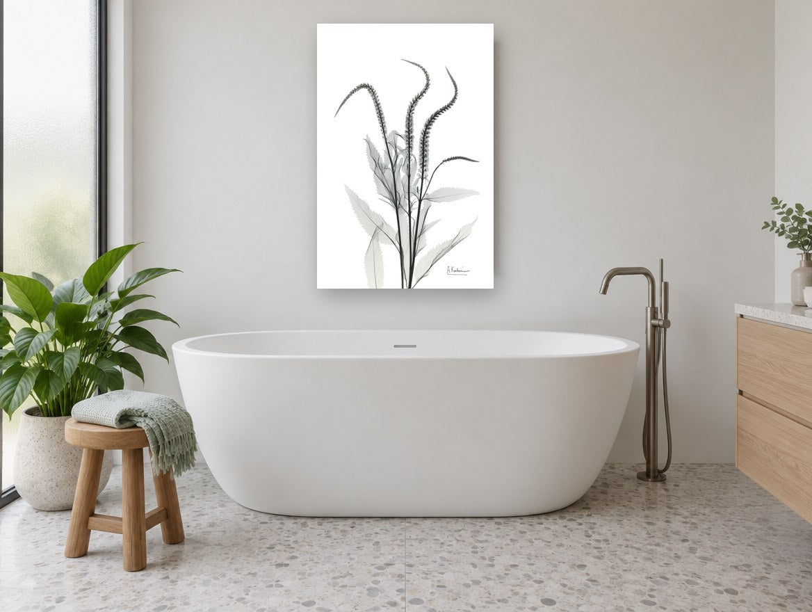 Arching Spires floral canvas print on the wall of a bathroom