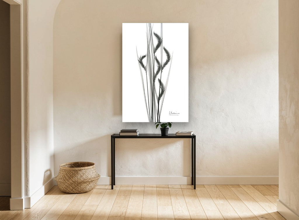 Grey Oat Grass Study floral canvas print on the wall of a hallway