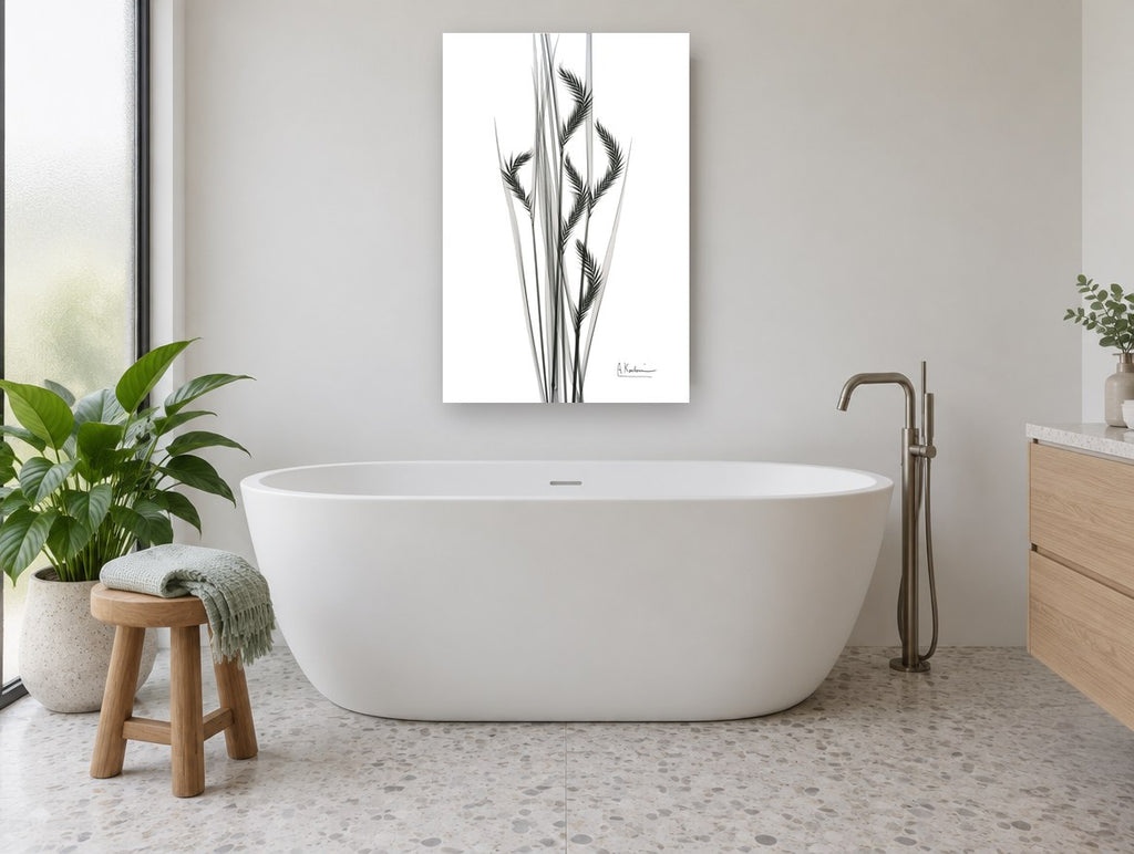 Grey Oat Grass Study floral canvas print on the wall of a bathroom