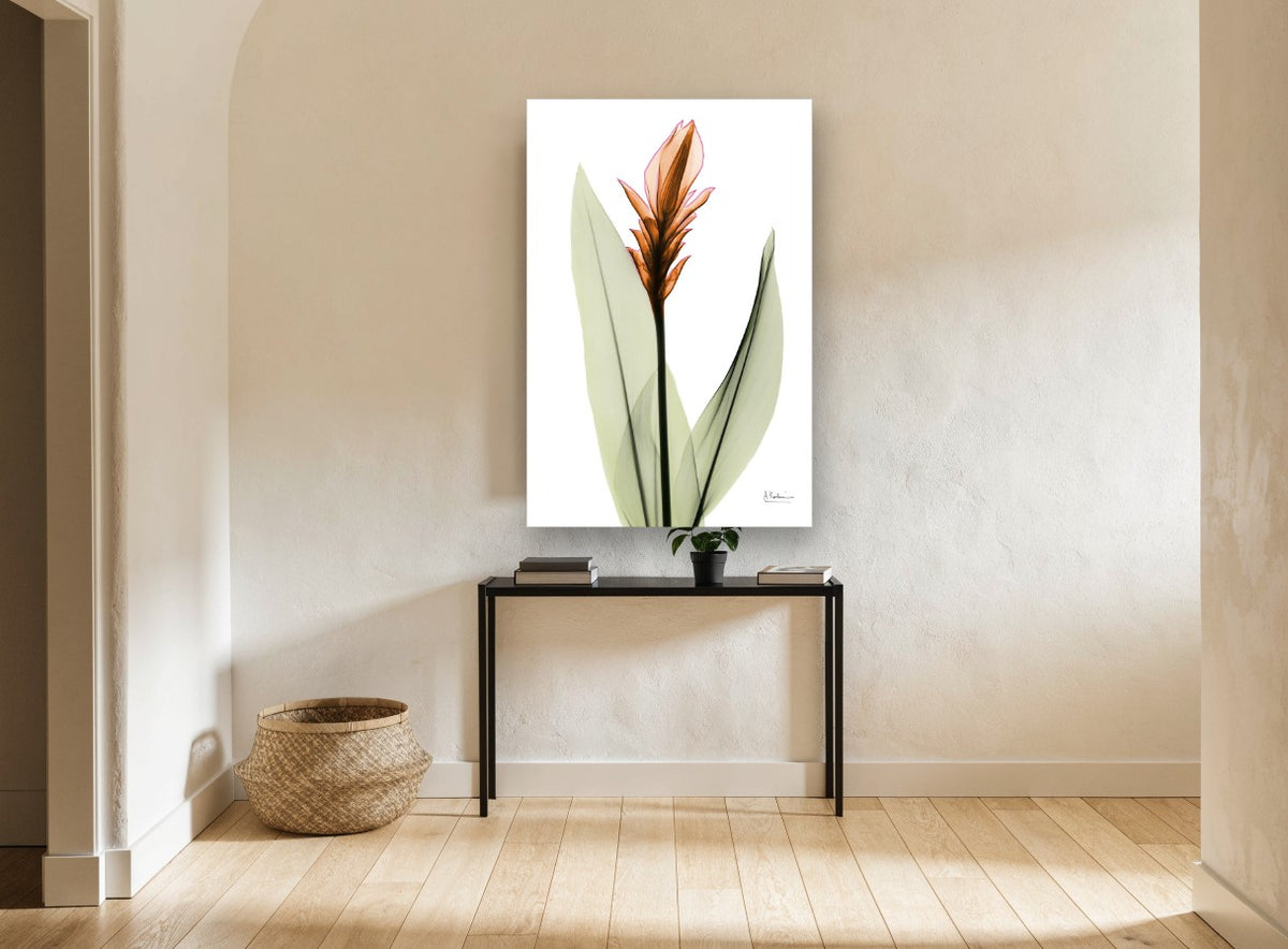 Copper Ginger Bloom floral canvas print on the wall of a hallway