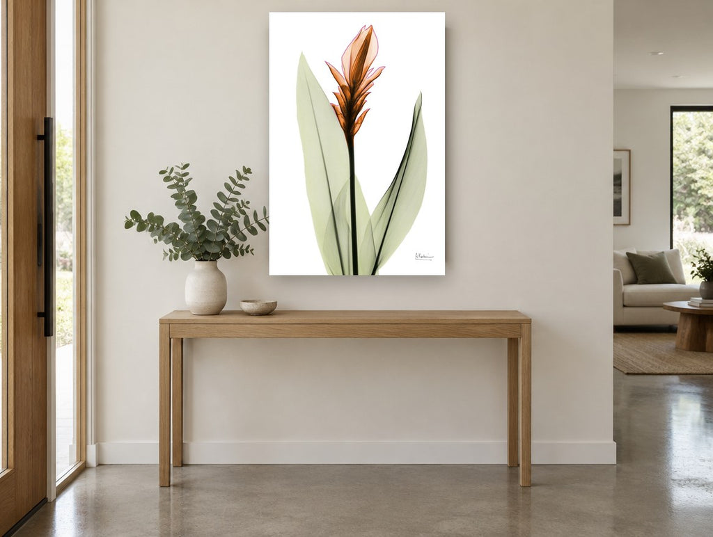 Copper Ginger Bloom floral canvas print on the wall of a entry hall