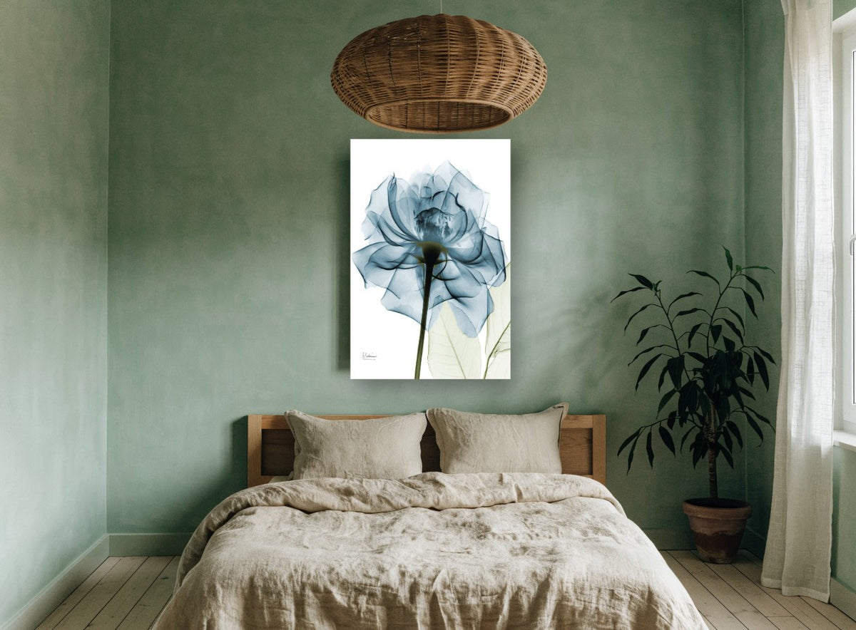 Teal Veil Rose floral canvas print on the wall of a bedroom