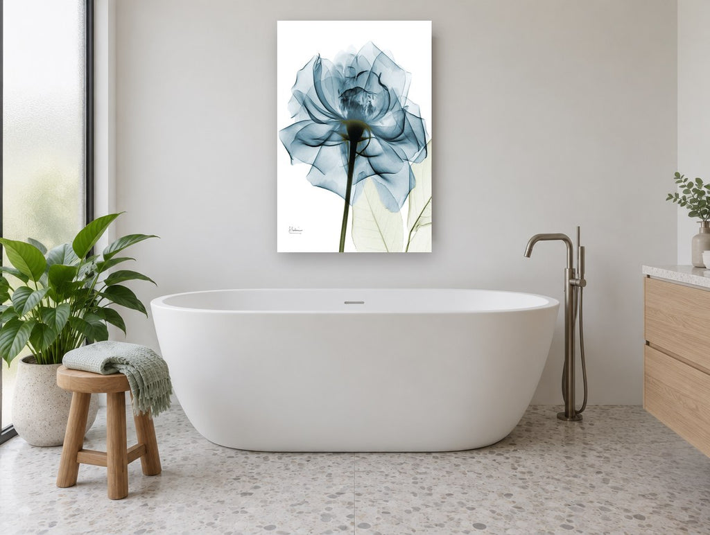 Teal Veil Rose floral canvas print on the wall of a bathroom