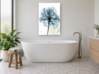 Teal Veil Rose floral canvas print on the wall of a bathroom