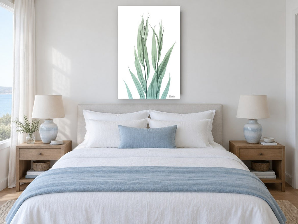 Translucent Willow Stems floral canvas print on the wall of a coastal bedroom