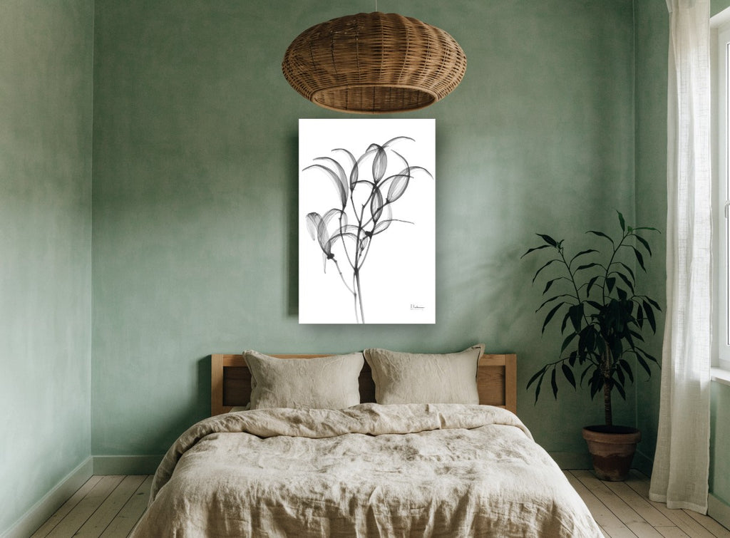 Translucent Oleander Stems floral canvas print on the wall of a bedroom