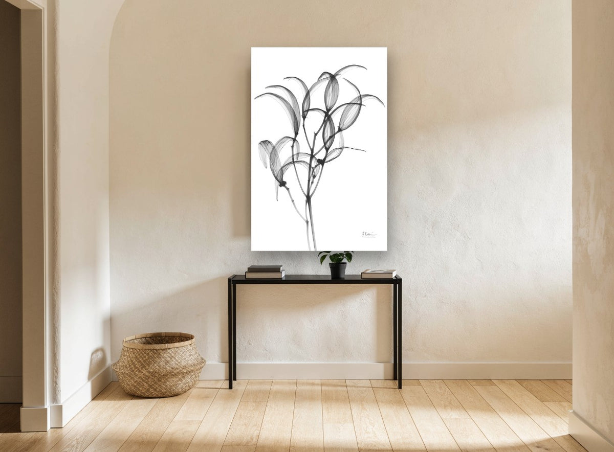Translucent Oleander Stems floral canvas print on the wall of a hallway
