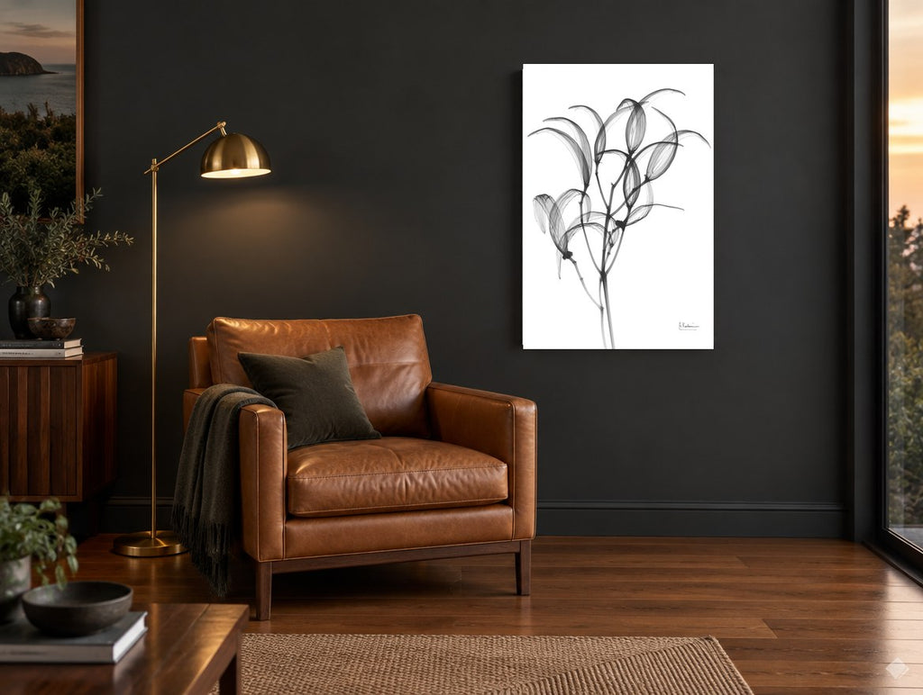 Translucent Oleander Stems floral canvas print on the wall of a charcoal living room