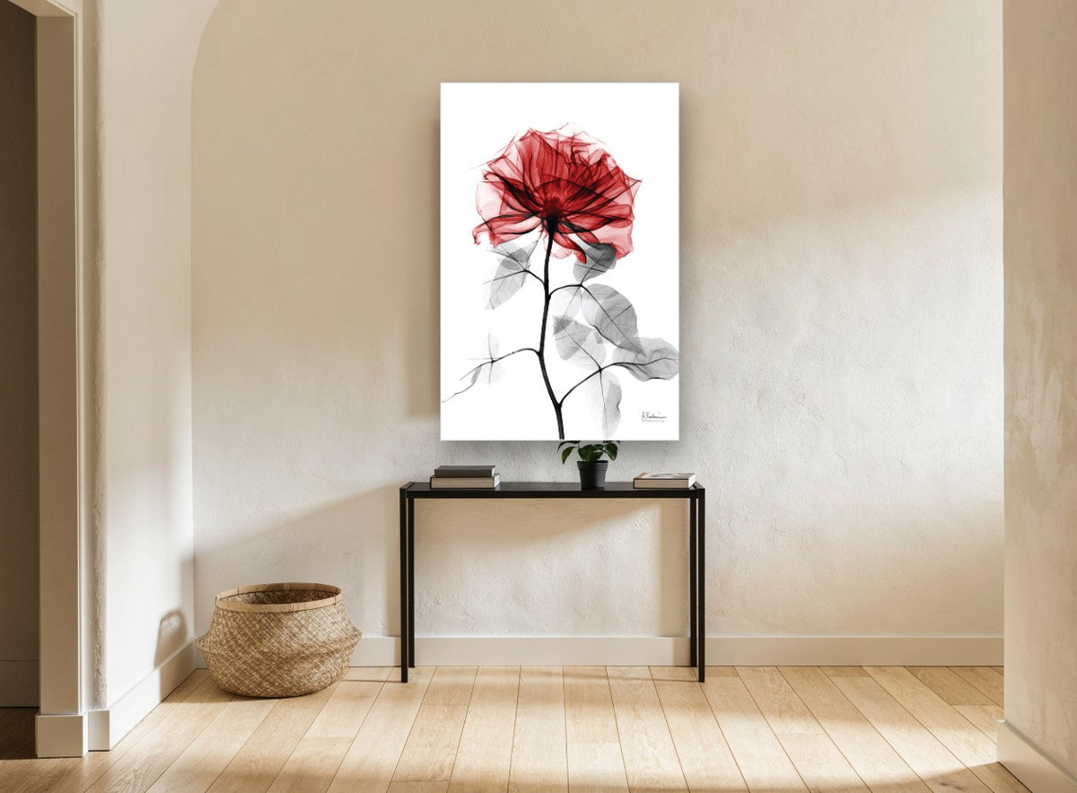 Crimson Rose Glass floral canvas print on the wall of a hallway