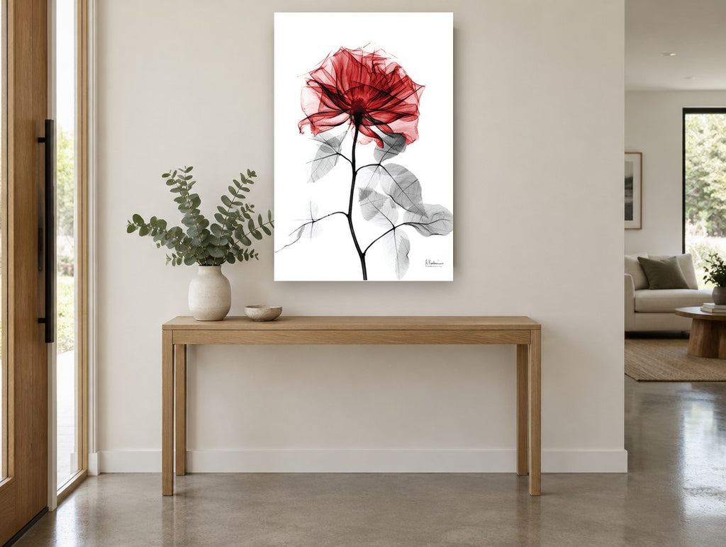 Crimson Rose Glass floral canvas print on the wall of a entry hall