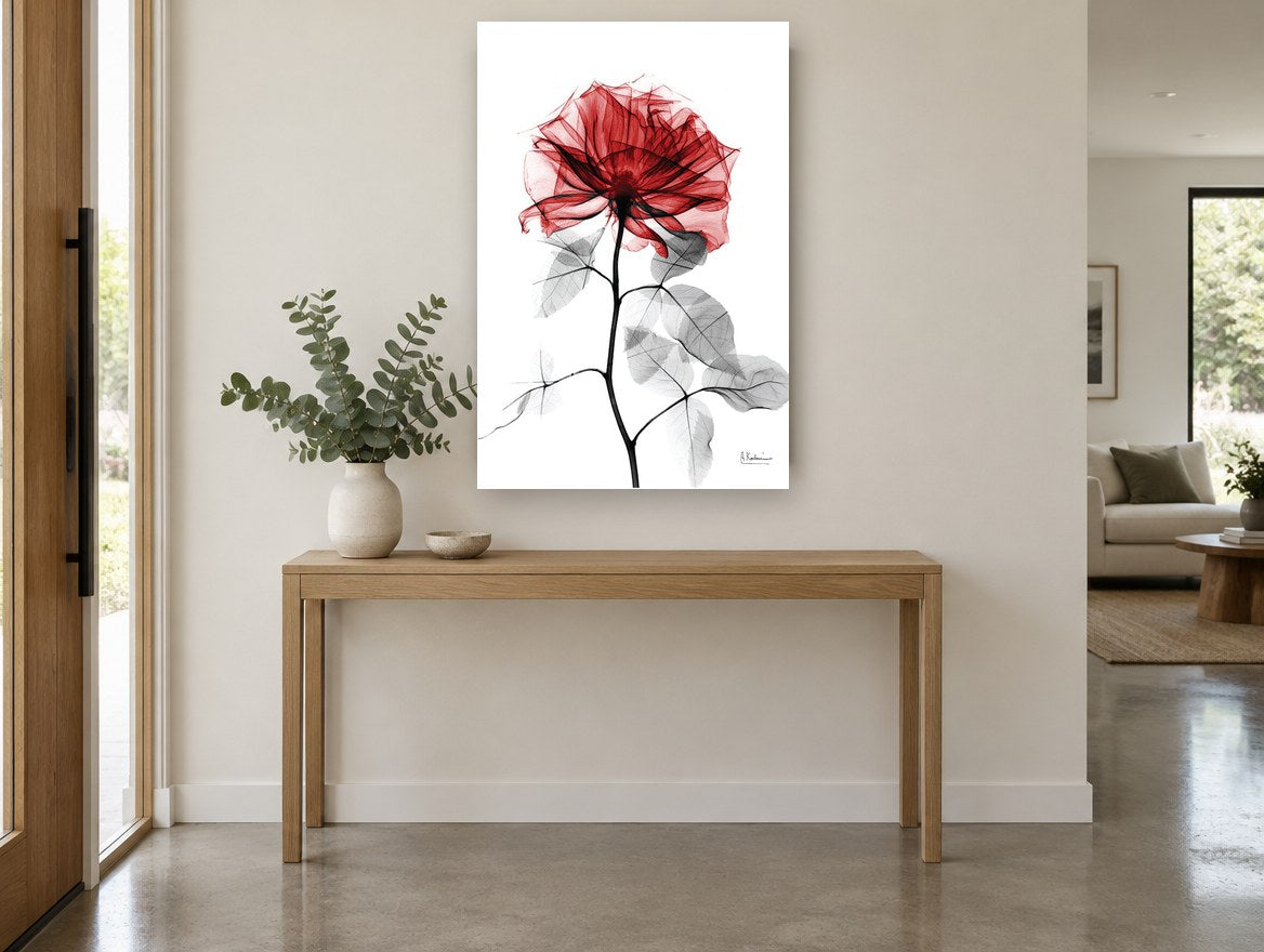 Crimson Rose Glass floral canvas print on the wall of a entry hall