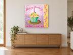 Birthday Cupcake Celebration kitchen canvas print on the wall of a living room above a sideboard