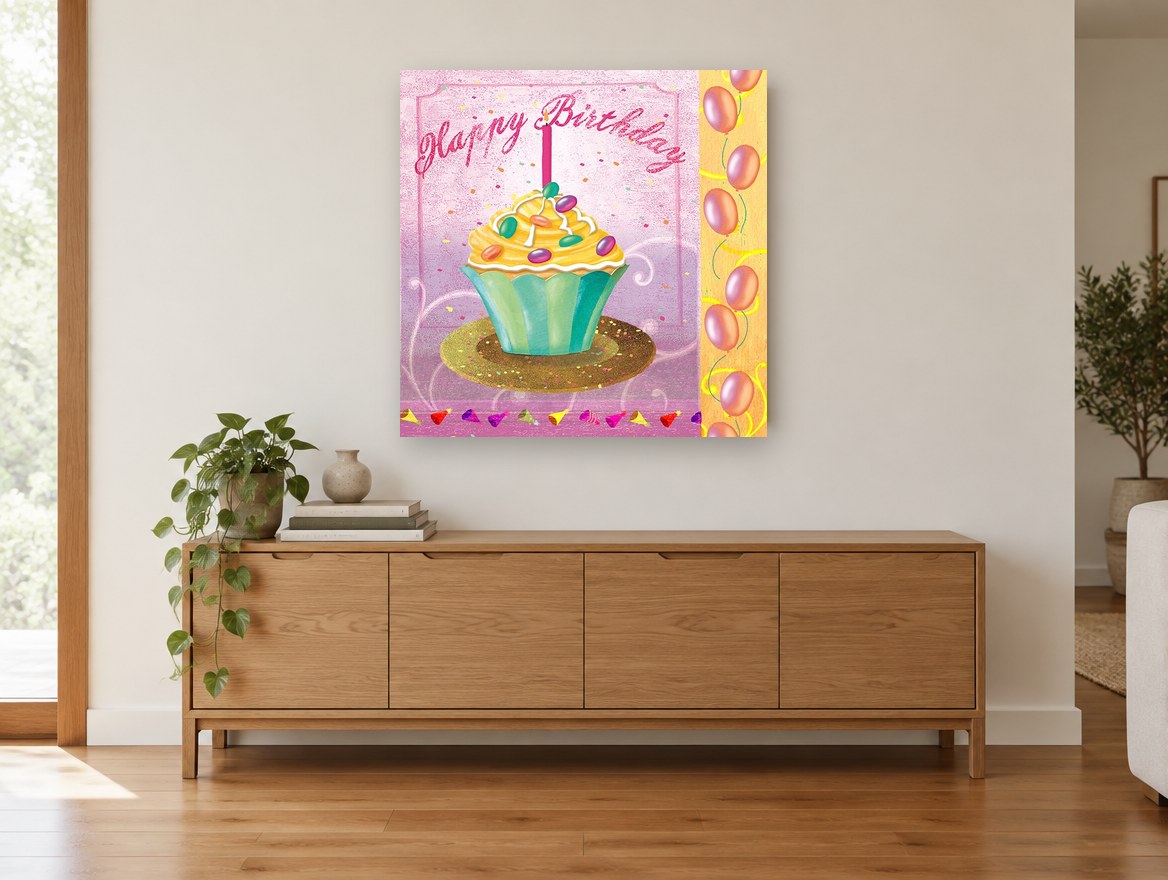 Birthday Cupcake Celebration kitchen canvas print on the wall of a living room above a sideboard