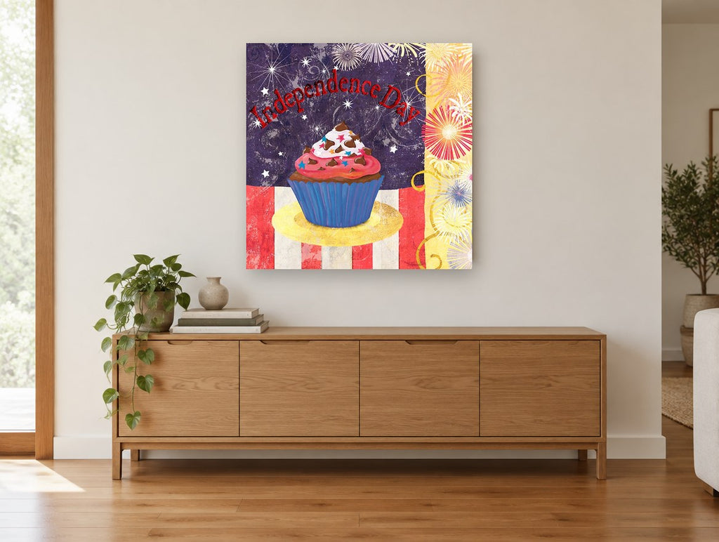 Fireworks Night Cupcake kitchen canvas print on the wall of a living room above a sideboard