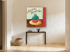 Greetings Cupcake kitchen canvas print on the wall of a hallway