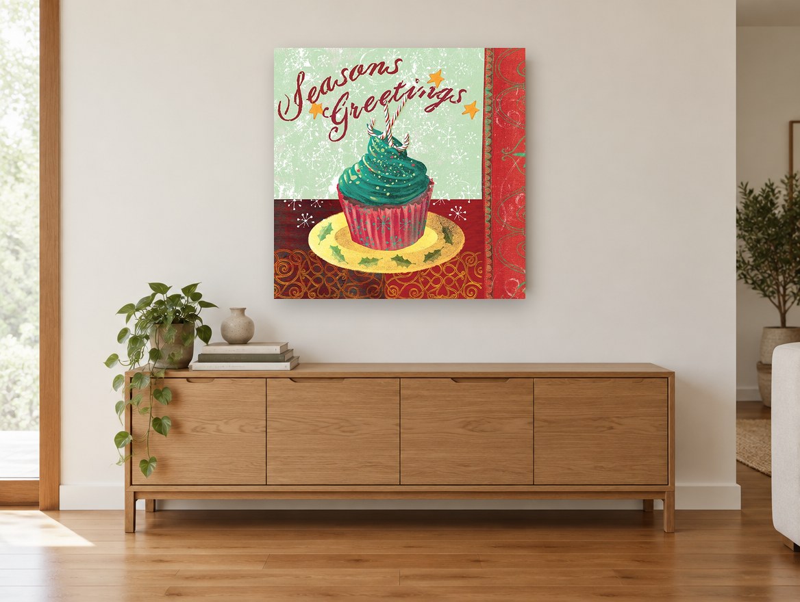 Greetings Cupcake kitchen canvas print on the wall of a living room above a sideboard