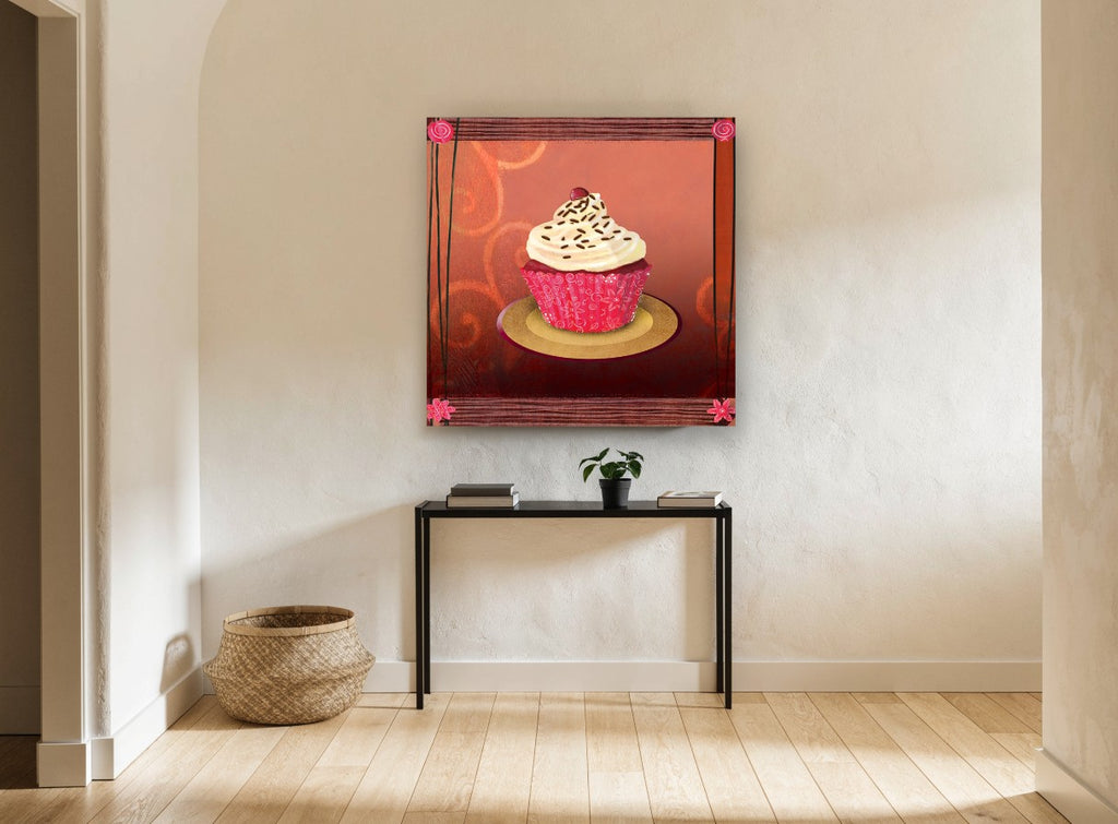 Cherry Swirl Cupcake kitchen canvas print on the wall of a hallway