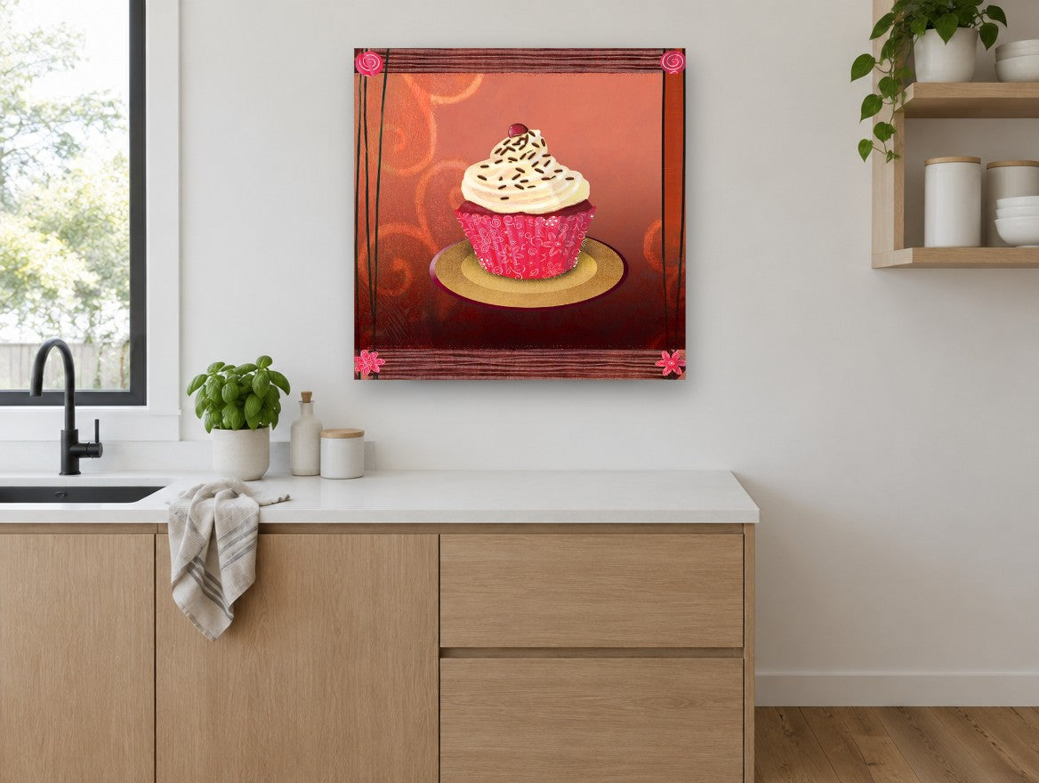 Cherry Swirl Cupcake kitchen canvas print on the wall of a kitchen