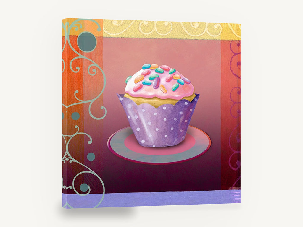 Sprinkle Cupcake on Plate, pink iced cupcake bakery kitchen, kitchen canvas wall art print ready to hang