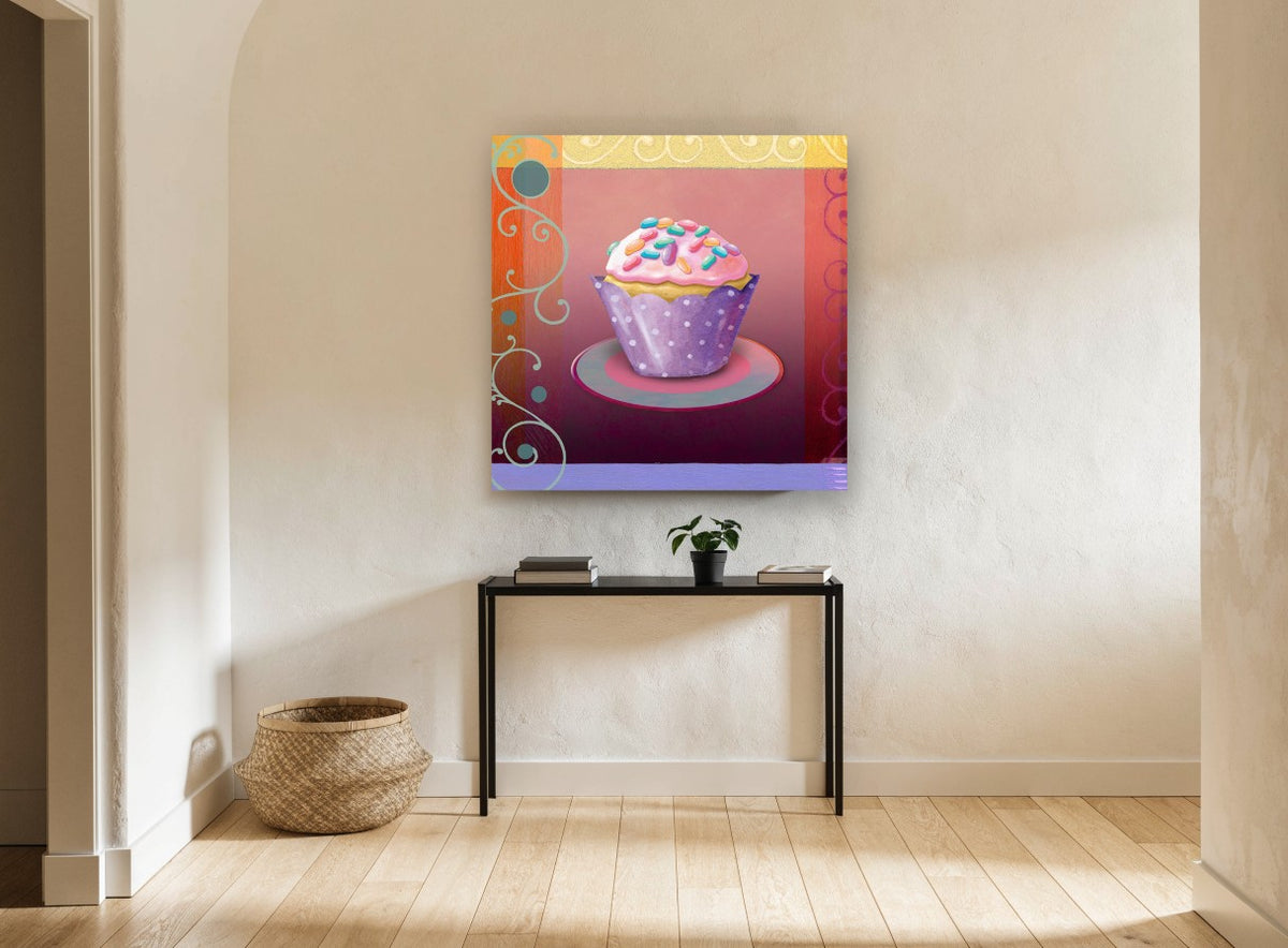 Sprinkle Cupcake on Plate kitchen canvas print on the wall of a hallway