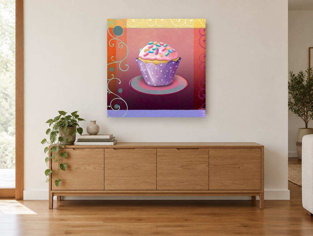 Sprinkle Cupcake on Plate kitchen canvas print on the wall of a living room above a sideboard