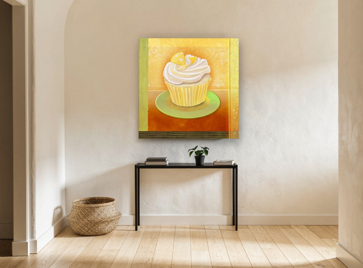 Lemon Chiffon Cupcake kitchen canvas print on the wall of a hallway