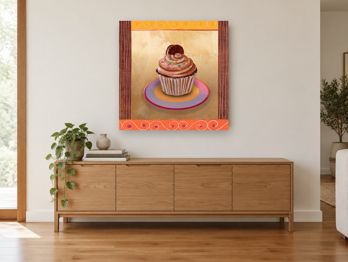 Chocolate Cupcake Cameo kitchen canvas print on the wall of a living room above a sideboard