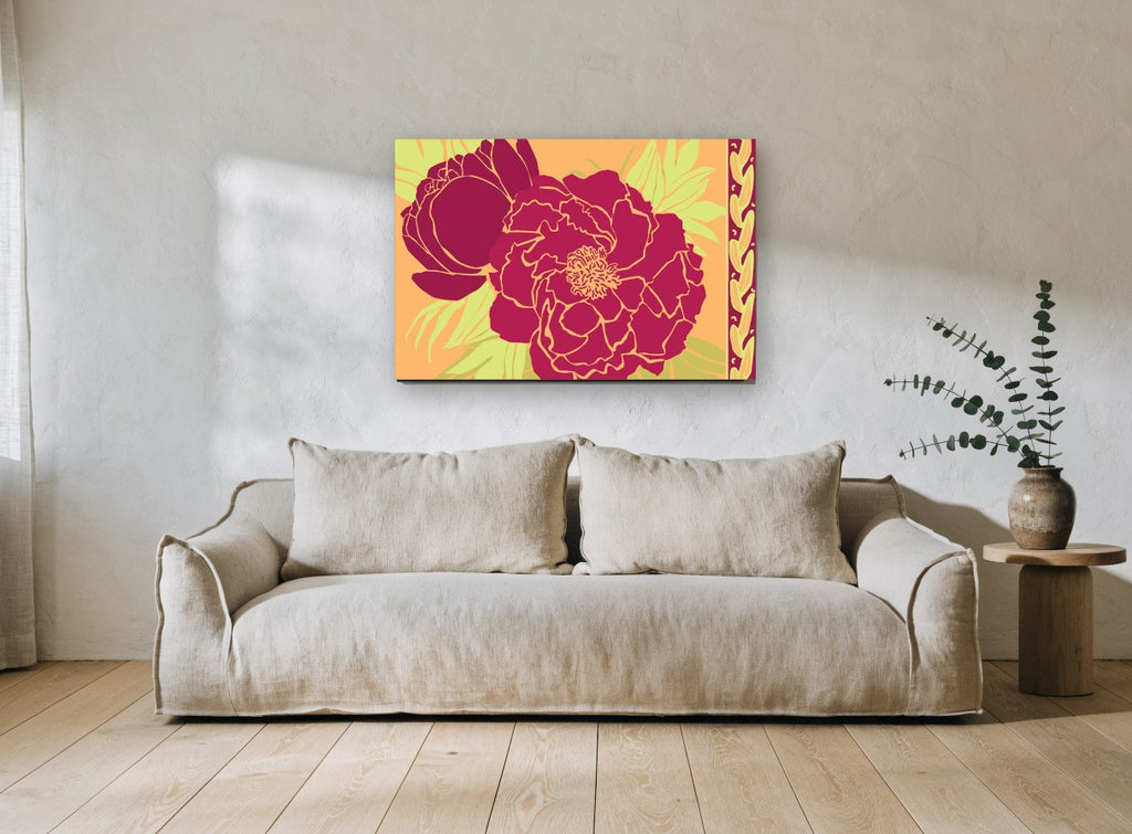 Crimson Peony Duo floral canvas print on the wall of a living room