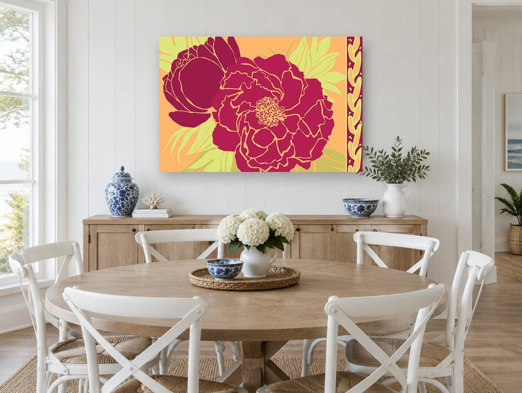 Crimson Peony Duo floral canvas print on the wall of a Hamptons dining room