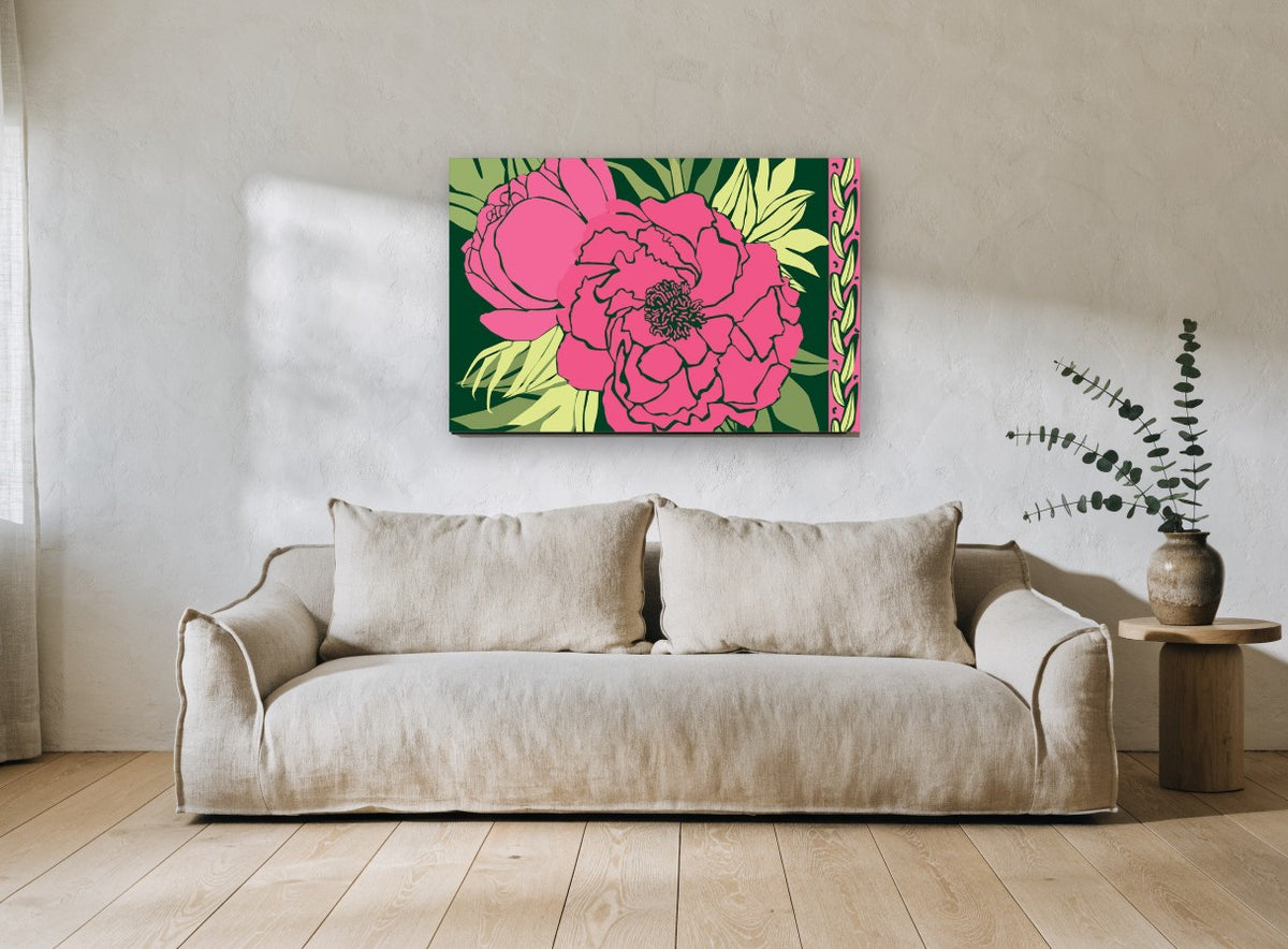 Pink Peony Midnight floral canvas print on the wall of a living room