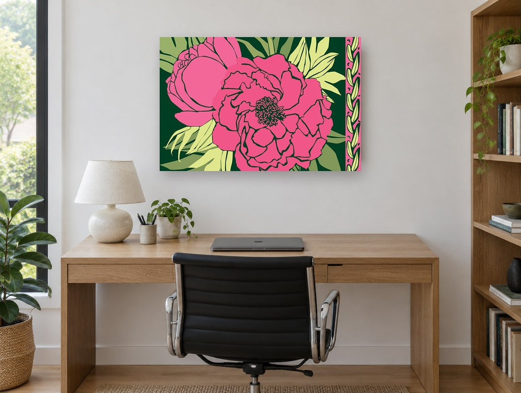 Pink Peony Midnight floral canvas print on the wall of a study