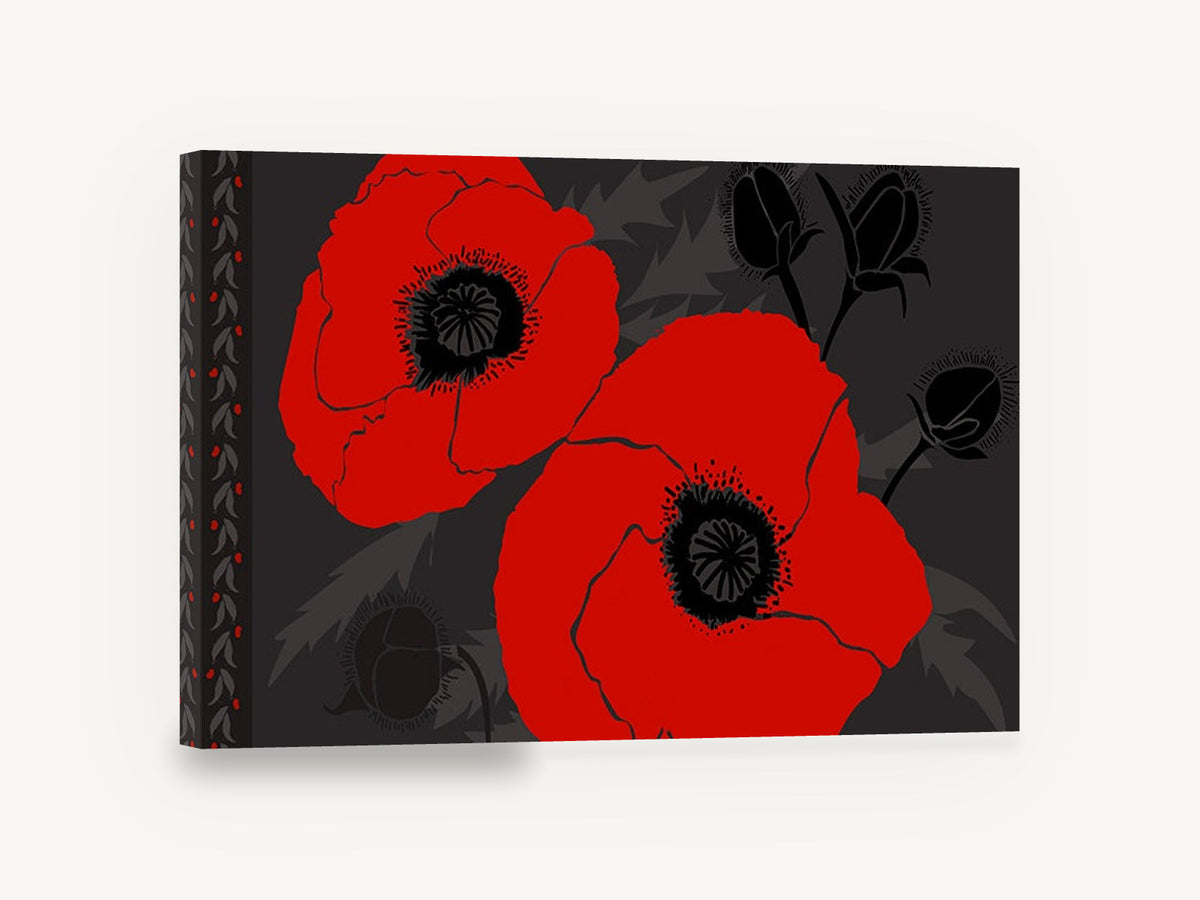 Scarlet Poppy Duo, red poppies graphic floral charcoal, floral canvas wall art print ready to hang