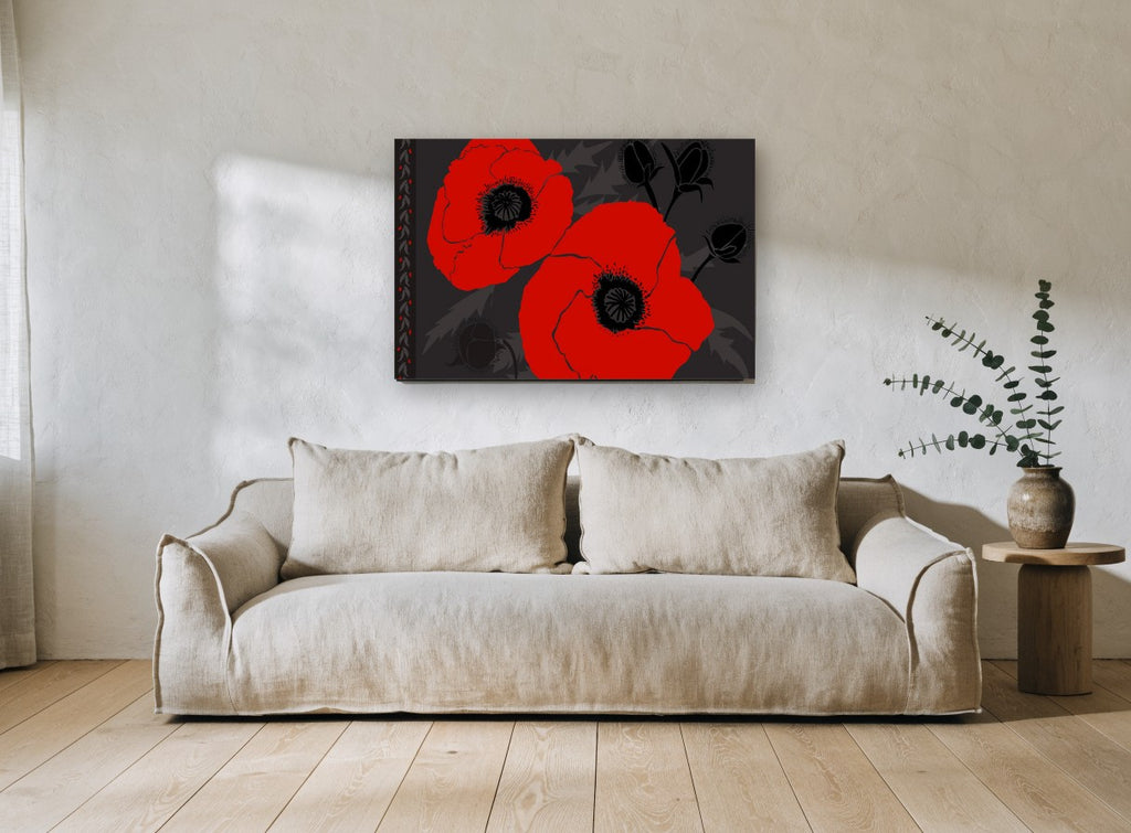 Scarlet Poppy Duo floral canvas print on the wall of a living room