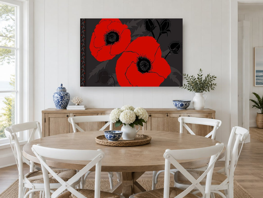 Scarlet Poppy Duo floral canvas print on the wall of a Hamptons dining room