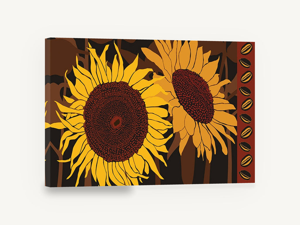 Twin Sunflowers Seed Border, sunflowers graphic illustration brown yellow, floral canvas wall art print ready to hang